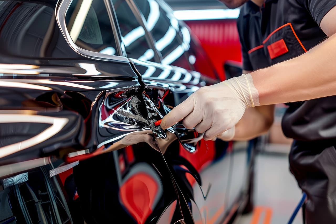 黒い車の後部をメンテナンスしている様子